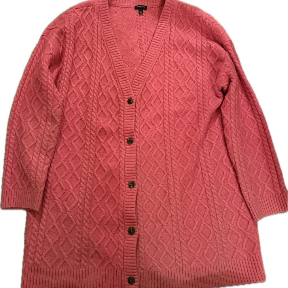 Talbots Chunky Knit Pink Button Up Wool Blend Cardigan Size XL